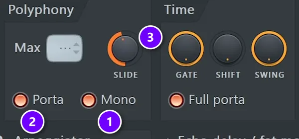 FL Studio channel settings Miscellaneous tab with Mono (1), Porta (2) and the Slide knob (3) numbered