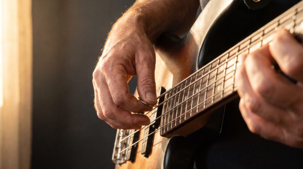 Close-up of hands playing the low string of an electric bass guitar in warm golden-hour light