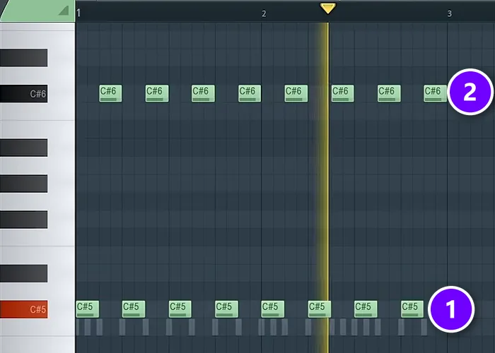 FL Studio Piano Roll house bass pattern with low C# notes on the beats (1) and C# an octave up on the off-beats (2)