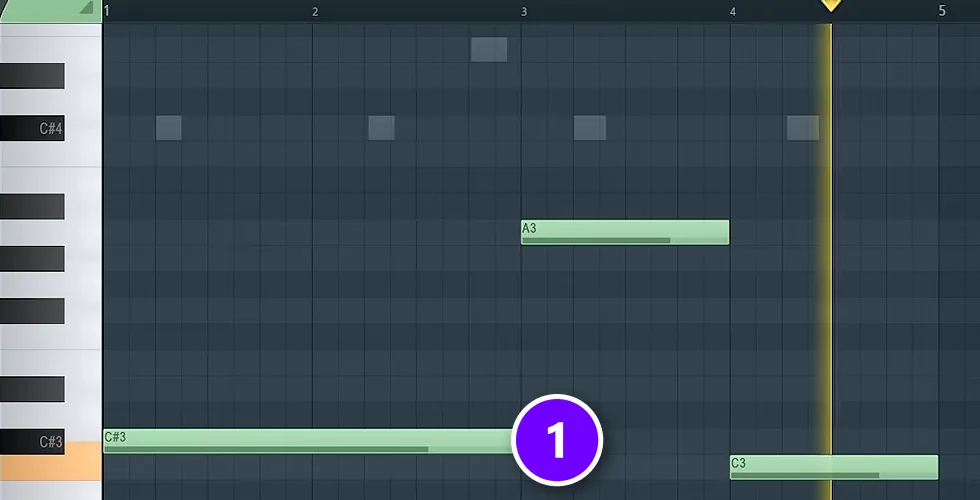 FL Studio Piano Roll with the first bass note stretched across two bars as a pedal note (1)
