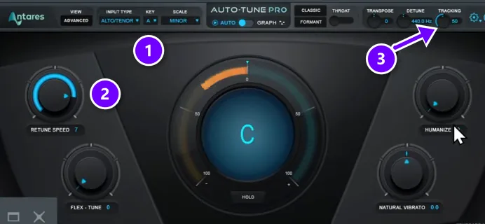 Antares Auto-Tune Pro in FL Studio with input type, key and scale (1), Retune speed at 7 (2) and Tracking (3) numbered