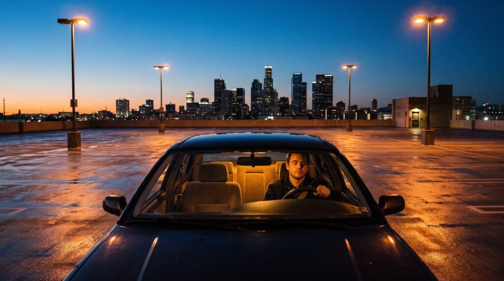 A man listening to his mix in a parked car on an empty rooftop parking deck at blue hour, city lights behind