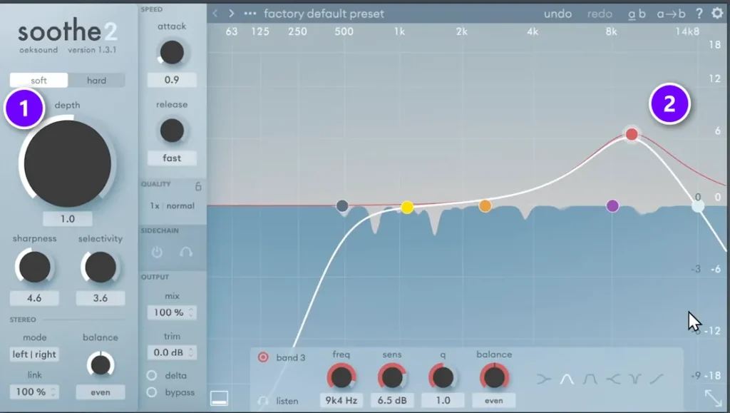 Soothe2 de-esser with a low depth of 1.0 (1) and its sensitivity peak around 9 kHz on the S sounds (2)