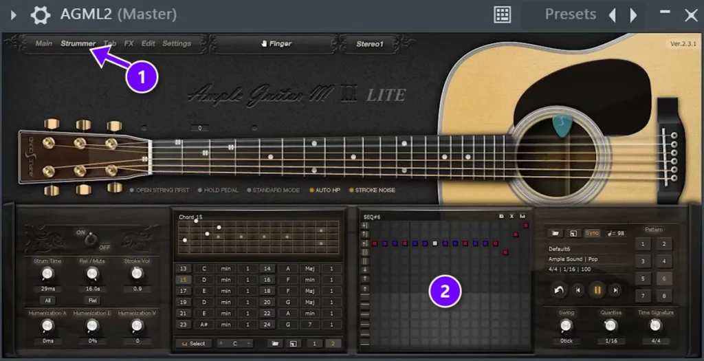 Ample Guitar M Lite 2 in FL Studio with the Strummer tab (1) and the pattern sequencer (2) numbered