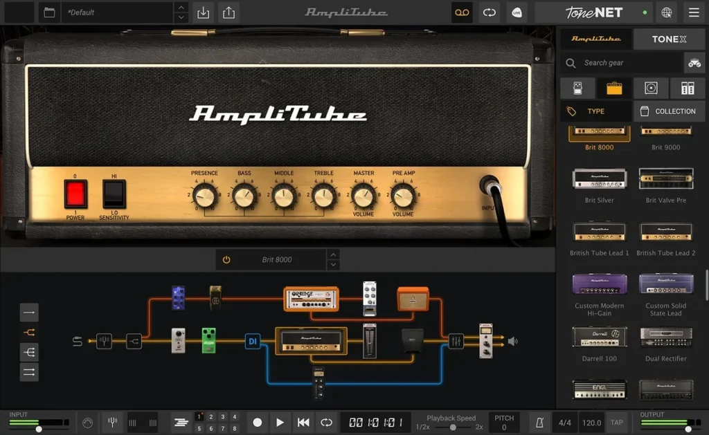 IK Multimedia AmpliTube 5 amp sim with the Brit 8000 amp head, its signal chain and the gear browser