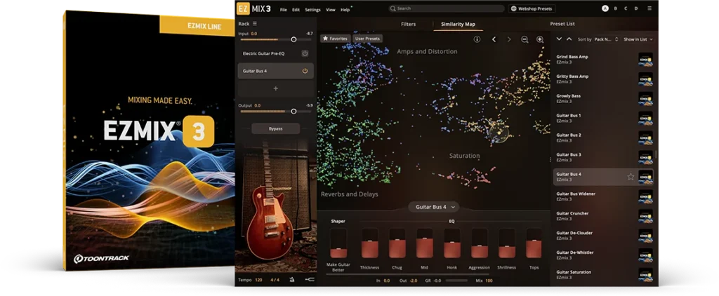 Toontrack EZmix 3 box and plugin window with its Similarity Map and guitar bus presets