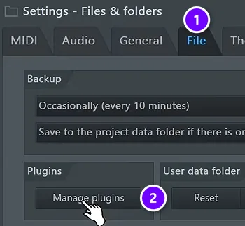 FL Studio Settings window with the File tab (1) and the Manage plugins button (2) numbered