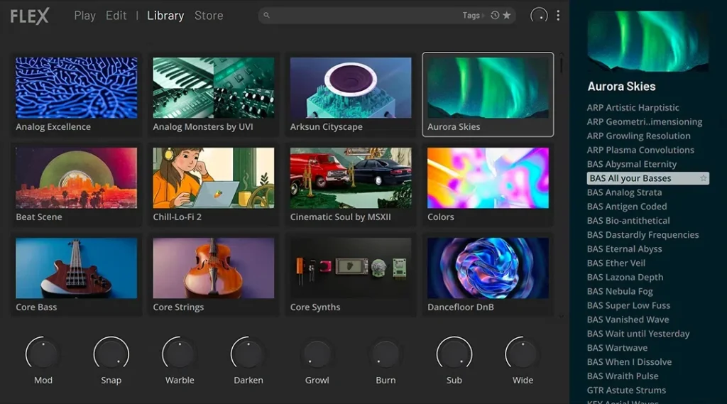 FL Studio 2026 FLEX Library with its pack tiles, including the free Core Series packs, and a preset list
