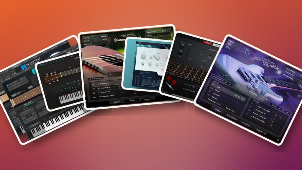 Product shots of six guitar VST plugins fanned out like playing cards on an orange-to-magenta background
