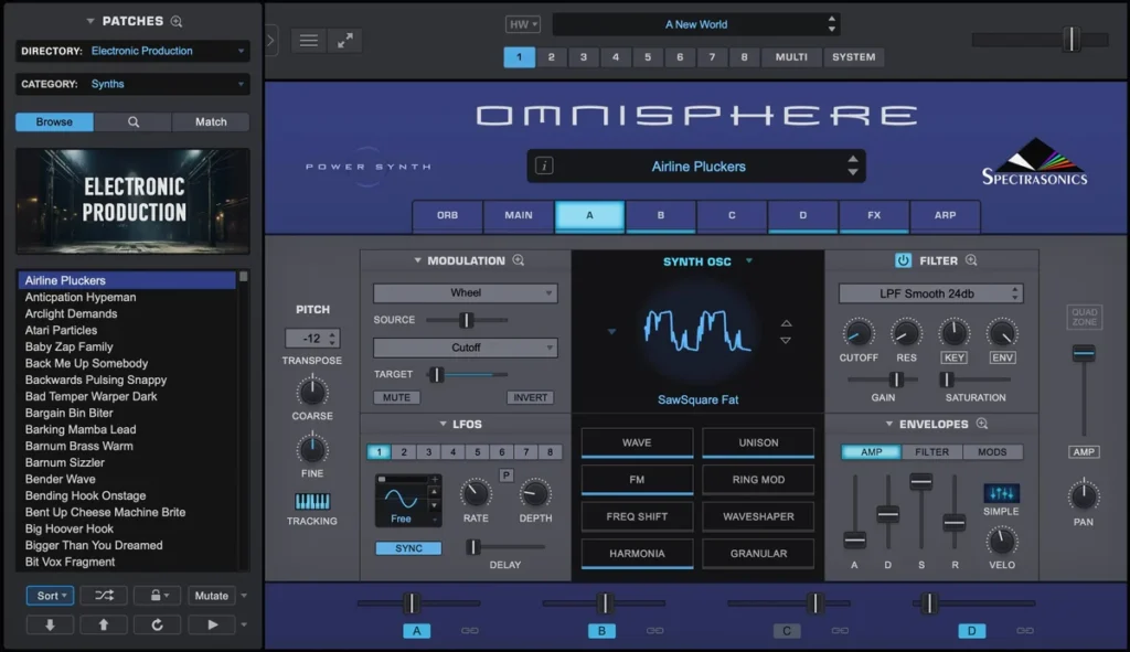 Spectrasonics Omnisphere 3 synth with its patch browser, oscillator, filter and envelope sections