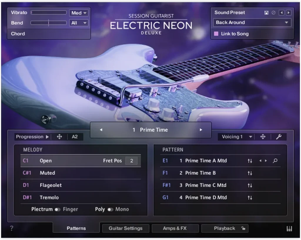 Native Instruments Session Guitarist Electric Neon Deluxe with melody and pattern panels