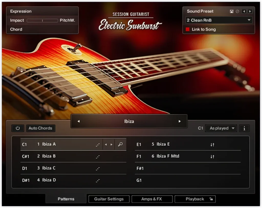 Native Instruments Session Guitarist Electric Sunburst with its sunburst electric guitar and pattern list
