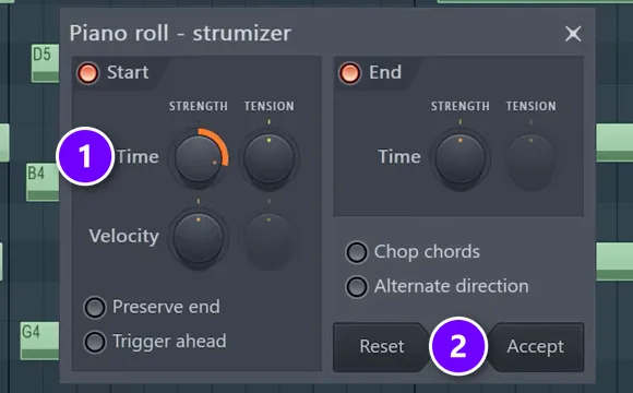 FL Studio piano roll Strumizer window with the Start Time knob (1) and Accept button (2) numbered