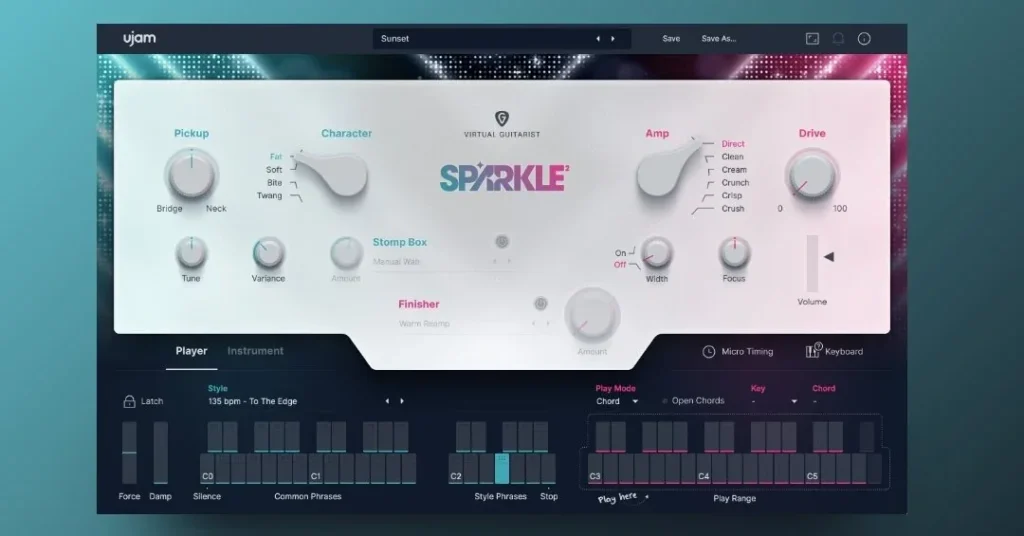 UJAM Virtual Guitarist SPARKLE 2 with its Player mode, pickup, amp and phrase controls