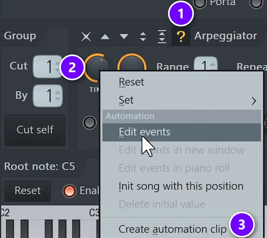 FL Studio channel settings with the Arpeggiator set to random (1), its Time knob (2) and Create automation clip (3)