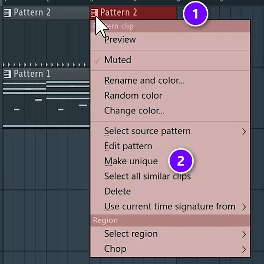 FL Studio Playlist right-click menu on a drum pattern clip (1) with Make unique (2)