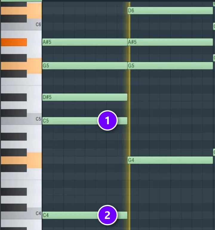 FL Studio piano roll chord with the root C5 numbered 1 and its copy an octave lower, C4, numbered 2