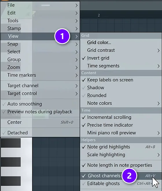 FL Studio piano roll menu with View numbered 1 and Ghost channels (Alt+V) numbered 2