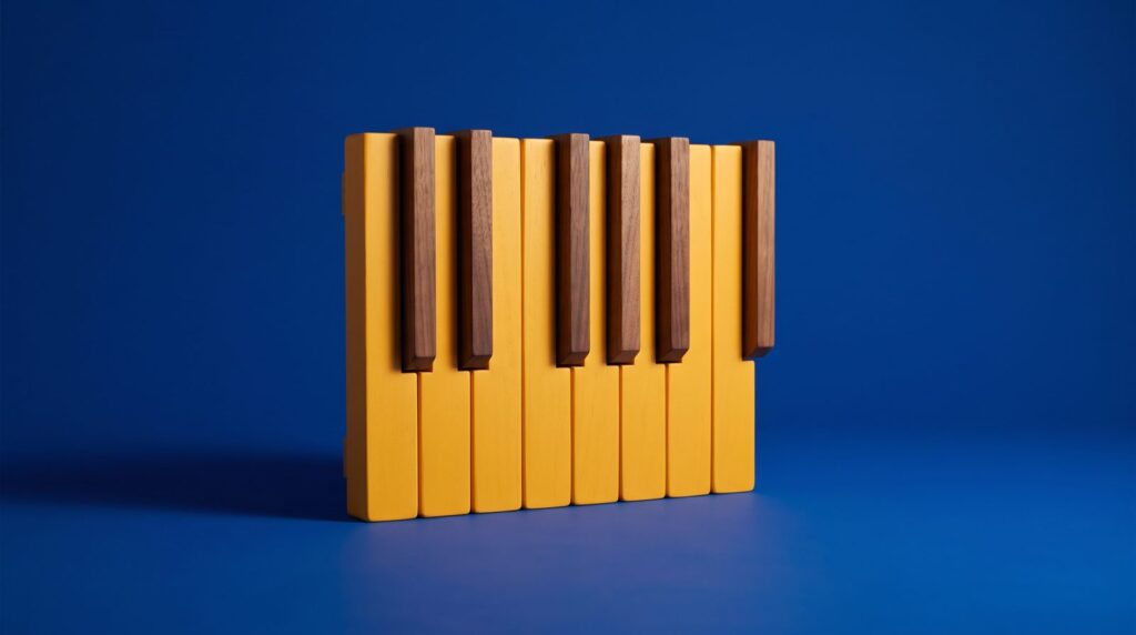 Oversized wooden piano keys on an ultramarine backdrop, the white keys painted saffron yellow and the black keys left as dark walnut