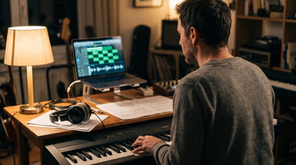 Man playing a digital piano in a home studio at night, with a laptop and headphones on the desk beside him