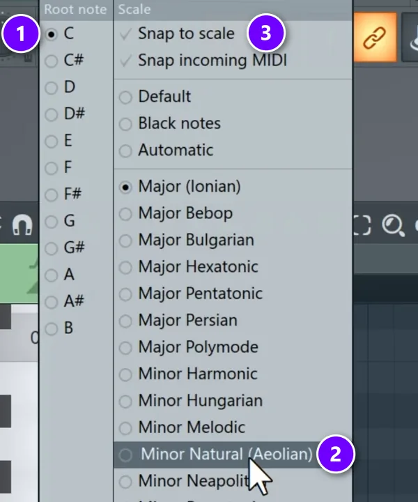 FL Studio piano roll scale menu with the root note list numbered 1, Minor Natural (Aeolian) numbered 2 and Snap to scale numbered 3