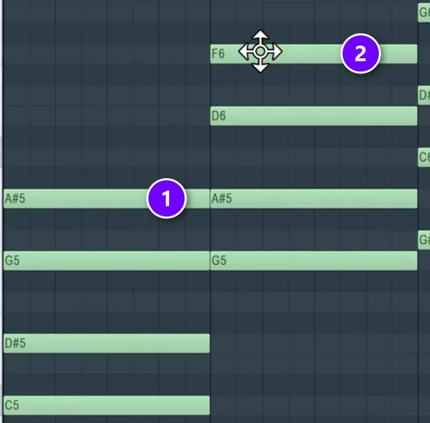 FL Studio piano roll 7th chords with the added 7th A#5 numbered 1 and F6 numbered 2