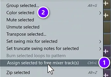 FL Studio Channel options menu with Assign selected to free mixer track(s) Ctrl+L (1) and Color selected (2)