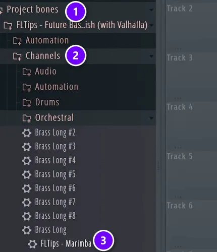 FL Studio Browser with the Project bones folder (1), its Channels folder (2) and an instrument preset (3) being dragged out