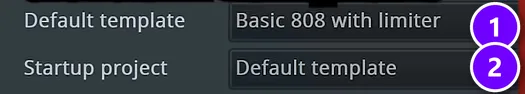 FL Studio General settings with the Default template (1) and Startup project (2) menus