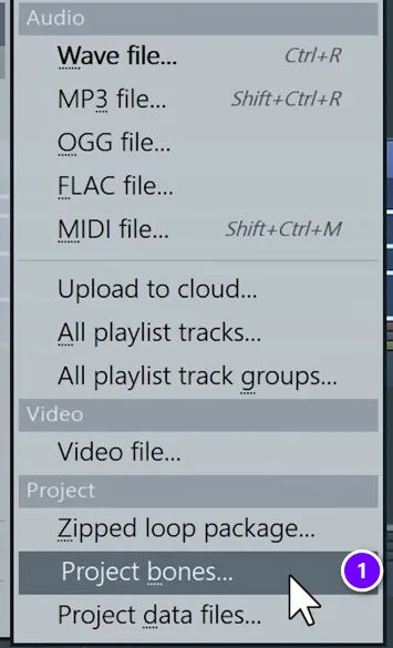 FL Studio File > Export menu with Project bones (1) highlighted