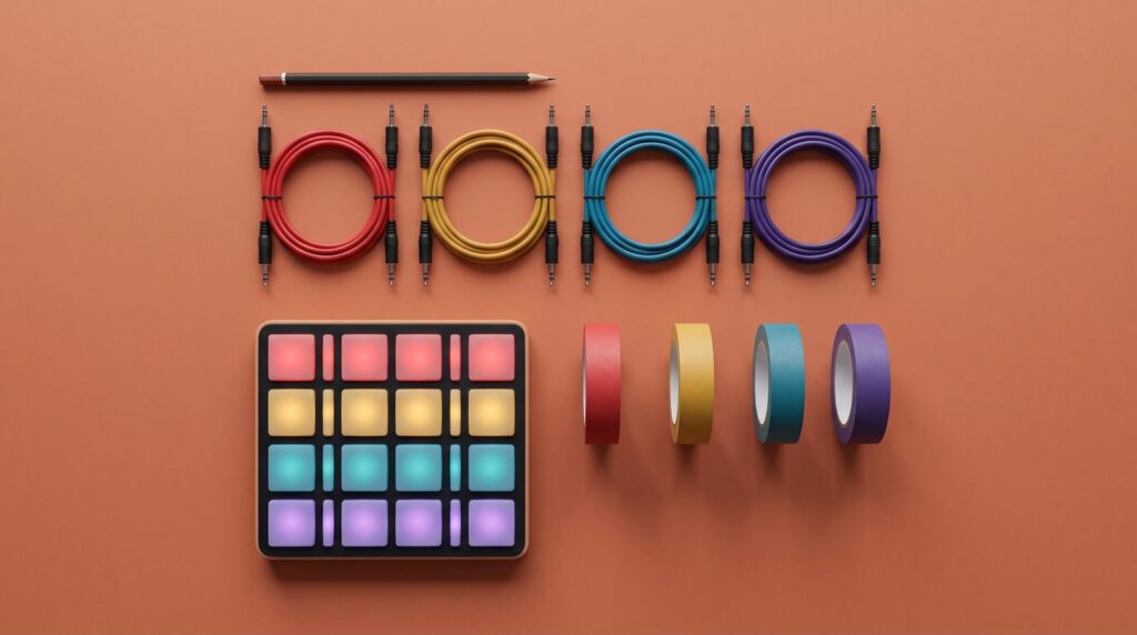 Flat lay of patch cables sorted by color, a pad controller lit in the same four colors and matching rolls of tape on a terracotta surface, like a color-coded Ableton Set