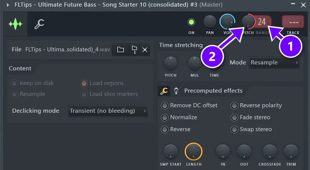 FL Studio channel settings with RANGE set to 24 (1) and the PITCH knob turned all the way right (2)