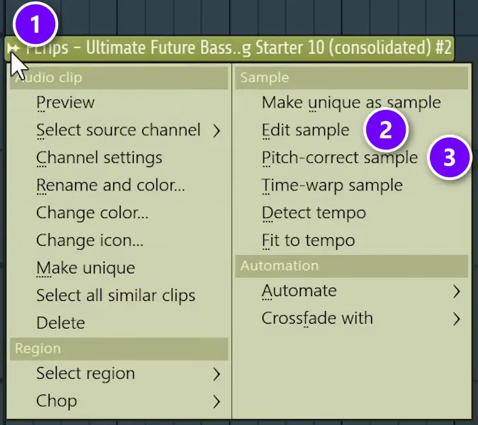 FL Studio Playlist clip menu on a consolidated clip with the clip icon (1), Edit sample (2) and Pitch-correct sample (3)