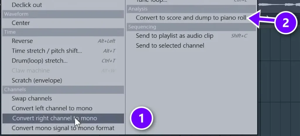 Edison Tools menu in FL Studio with Convert right channel to mono (1) and Convert to score and dump to piano roll (2)