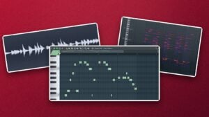Real FL Studio screens from a Mix Elite video: a melody's waveform in Edison, its Wave Candy spectrum, and the same melody converted to MIDI notes in the Piano roll