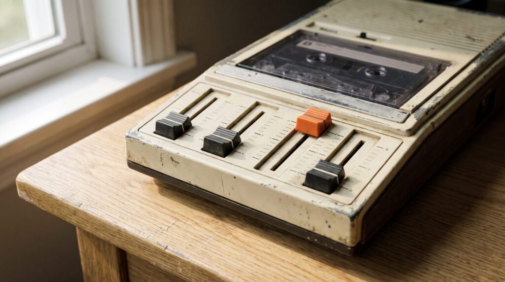 An old four-track cassette recorder with one fader pushed up and the other three pulled down, like taking one part out of a full song