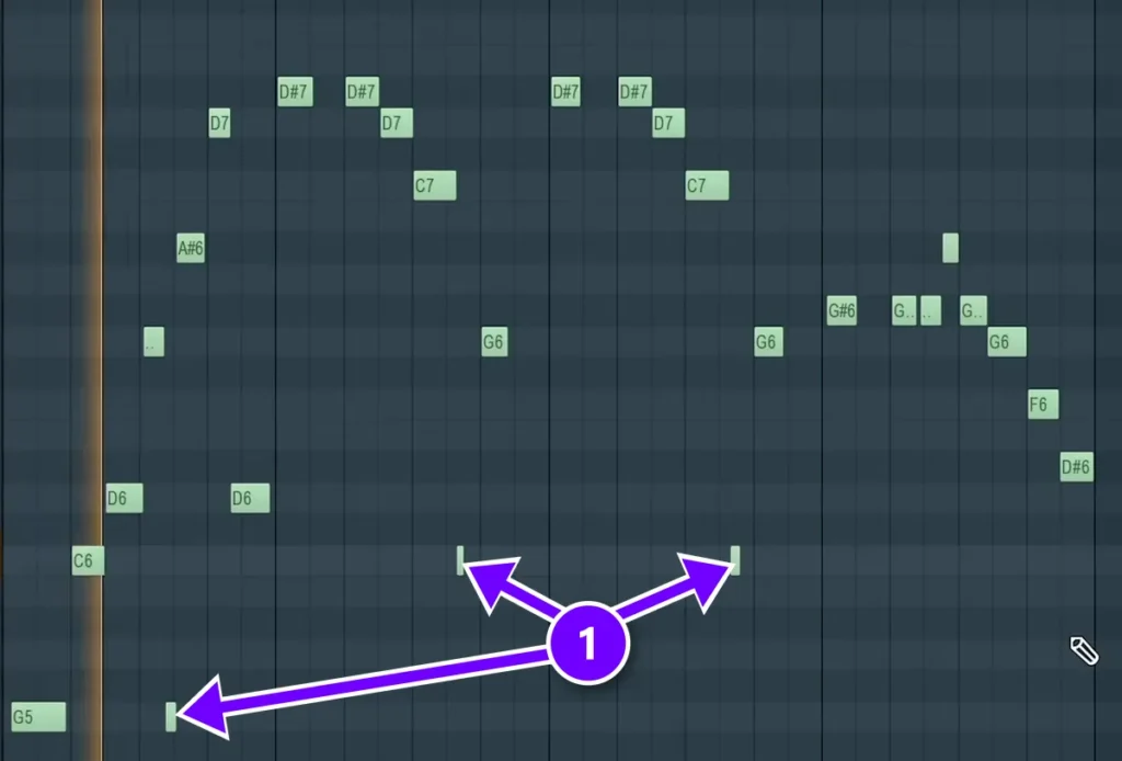 FL Studio Piano roll with the melody Edison converted, stray notes marked (1)