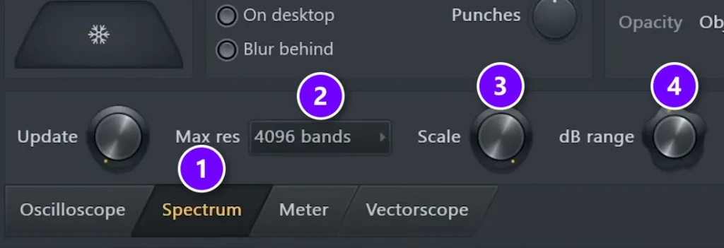 Wave Candy in FL Studio with the Spectrum tab (1), Max res at 4096 bands (2), Scale (3) and dB range (4)