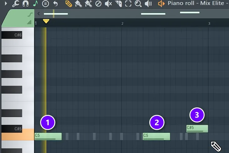FL Studio piano roll with 808 notes on beat 1 numbered 1, beat 6 numbered 2 and a higher note numbered 3