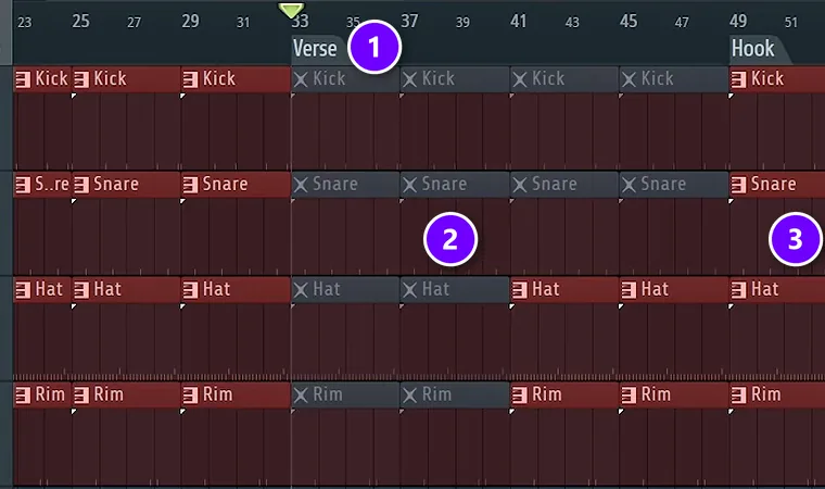 FL Studio Playlist arrangement with the Verse marker numbered 1, muted drum clips numbered 2 and the Hook numbered 3
