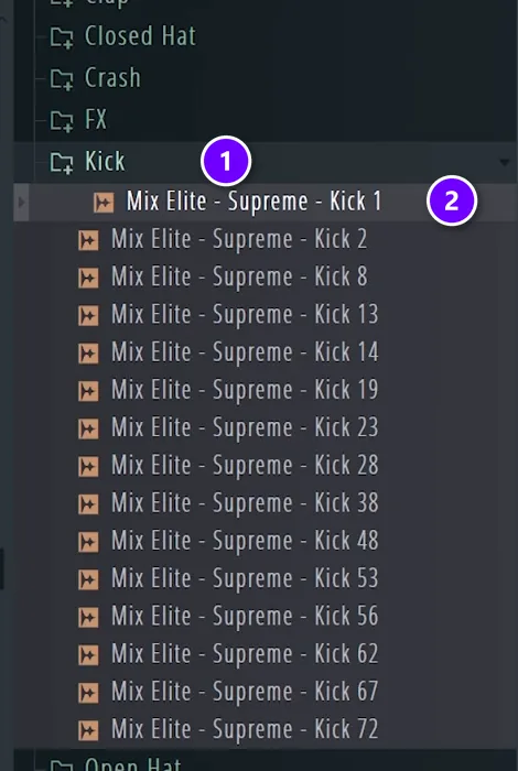 FL Studio Browser with the Kick folder of a drum pack numbered 1 and a kick sample numbered 2