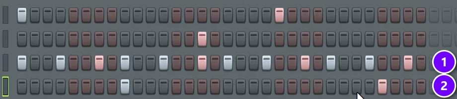 FL Studio Channel Rack drill pattern with hi-hats on every third step numbered 1 and the snare moved to beat 8 numbered 2