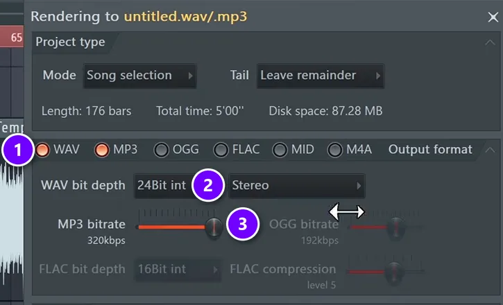FL Studio render window with WAV numbered 1, 24Bit int bit depth numbered 2 and the MP3 bitrate at 320kbps numbered 3