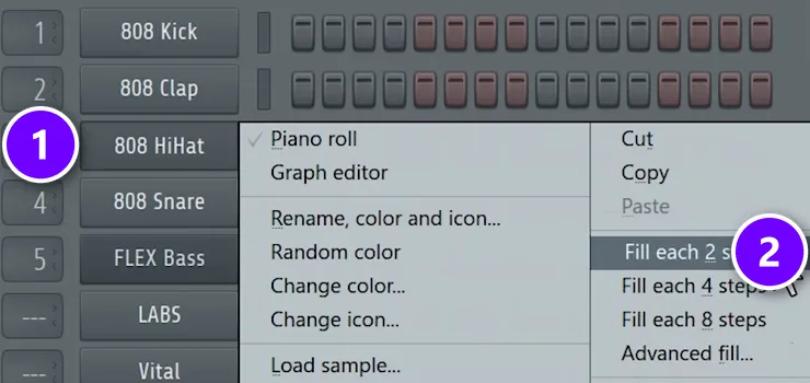 FL Studio Channel Rack right-click menu on the 808 HiHat channel numbered 1 with Fill each 2 steps numbered 2