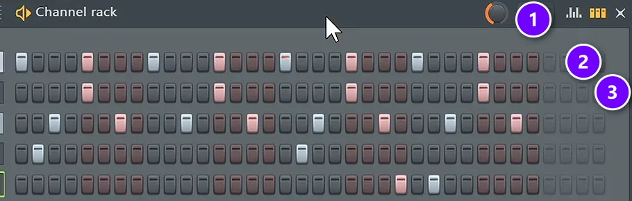 FL Studio Channel Rack house pattern with the swing knob numbered 1, a four-on-the-floor kick numbered 2 and claps numbered 3