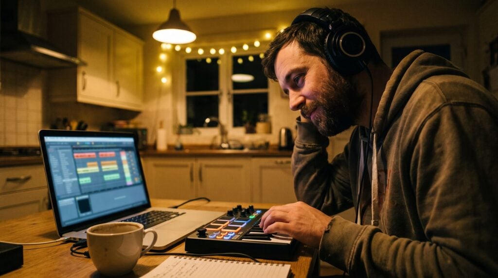 Man in headphones making a beat on a laptop with a small pad controller at a kitchen table at night