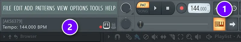 FL Studio toolbar with the tempo box numbered 1 and the hint bar showing Tempo 144 BPM numbered 2