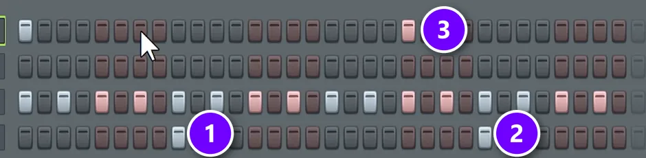 FL Studio Channel Rack two-bar trap pattern with snares on beats 3 and 7 numbered 1 and 2 and a kick on beat 6 numbered 3