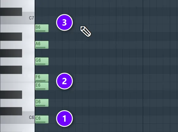 FL Studio piano roll with the C major scale from C6 to B6 and the two half steps numbered