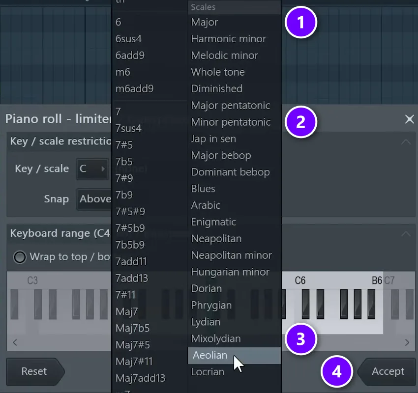 FL Studio Limit tool with its scale list open: Major, Minor pentatonic, the modes and Accept numbered